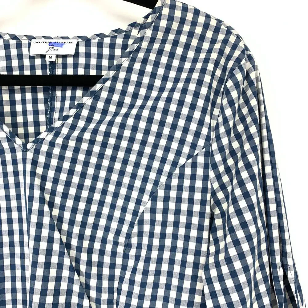 J. Crew Top X Universal Standard Sz M Gingham Tie Sleeve Blouse Blue White